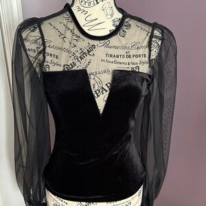 Elegant Black Velvet Mesh Sleeve Top